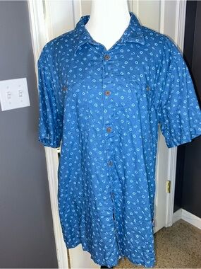 Men’s Patagonia Button Up Shirt Blue Geometric Organic Hemp Size Large